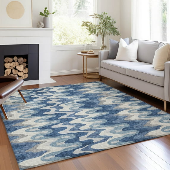 Addison Rugs Chantille Indoor/Outdoor Transitional Waves Blue Washable Rectangle Rug, 10' x 14'