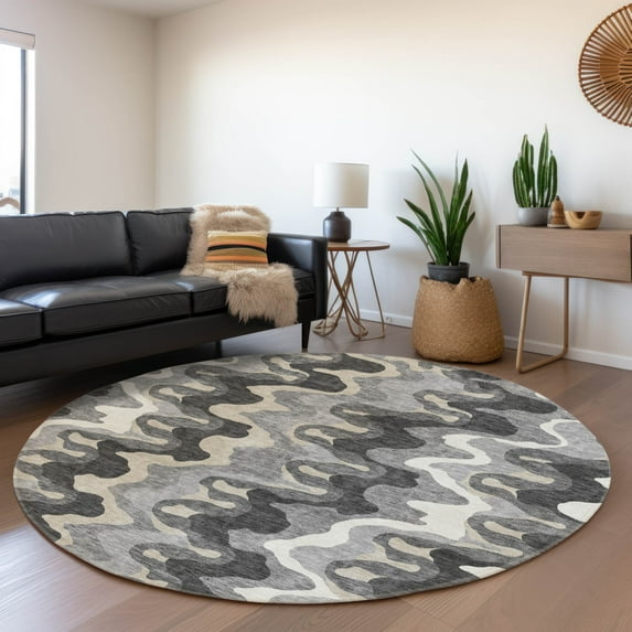 Addison Rugs Chantille Indoor/Outdoor Transitional Waves Gray Washable Round Rug, 8' x 8'