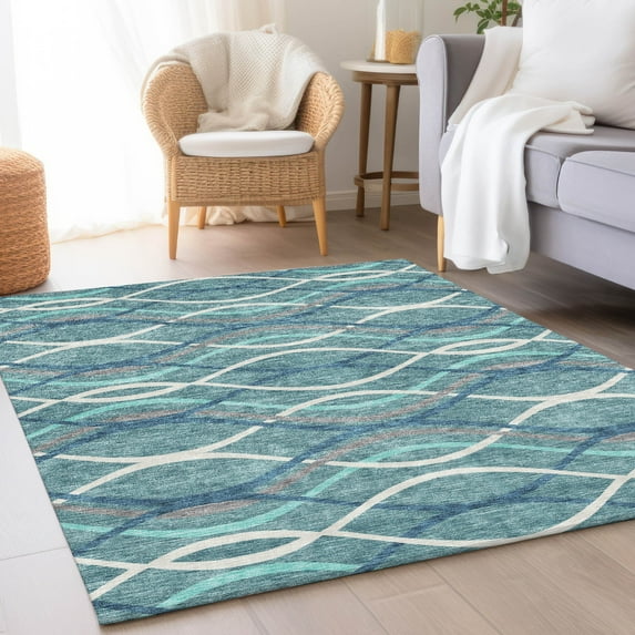 Addison Rugs Chantille Indoor/Outdoor Transitional Waves Teal Washable Rectangle Rug, 10' x 14'