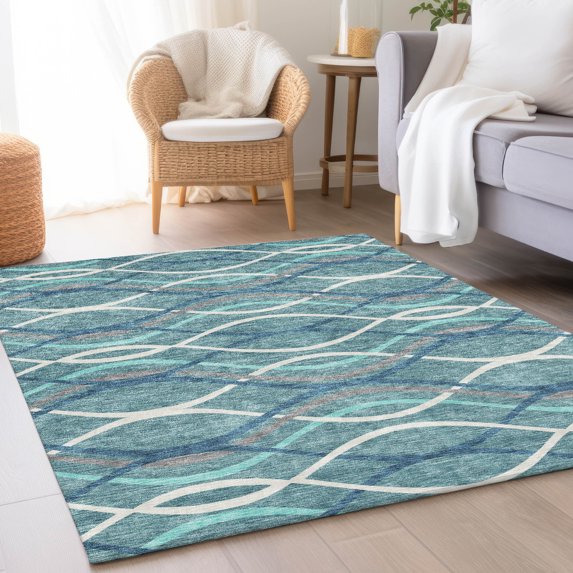 Addison Rugs Chantille Indoor/Outdoor Transitional Waves Teal Washable Rectangle Rug, 5' x 7'6"