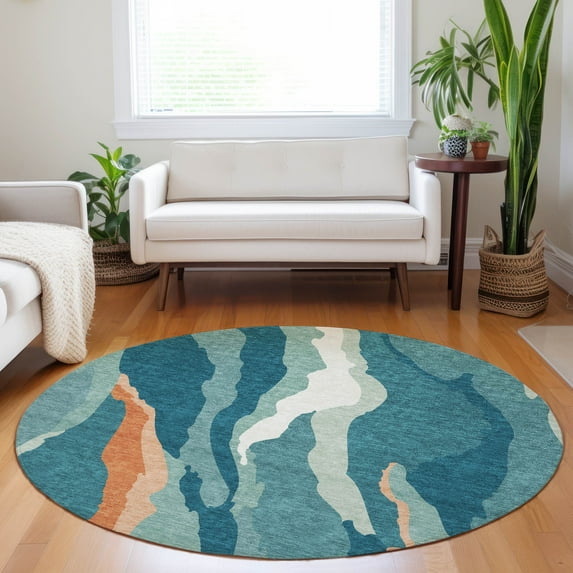 Addison Rugs Chantille Indoor/Outdoor Transitional Waves Teal Washable Round Rug, 8' x 8'