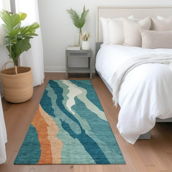 Addison Rugs Chantille Indoor/Outdoor Transitional Waves Teal Washable Runner Rug, 2'3" x 7'6"