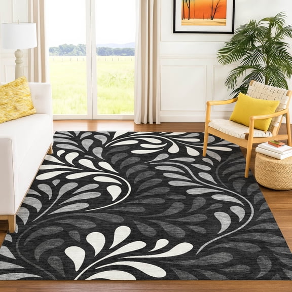 Addison Rugs Chantille Indoor/Outdoor Transitional Botanical Black Machine Washable Rectangle Rug, 10' x 14'