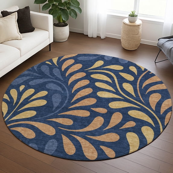 Addison Rugs Chantille Indoor/Outdoor Transitional Botanical Navy Machine Washable Round Rug, 8' x 8'