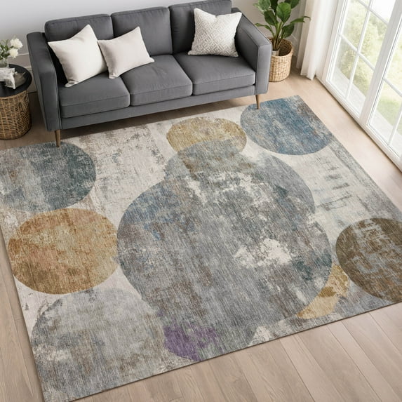 Addison Rugs Chantille Indoor/Outdoor Transitional Circles Khaki Machine Washable Rectangle Rug, 5' x 7'6"