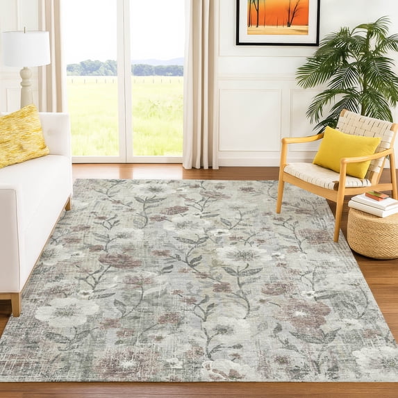 Addison Rugs Chantille Indoor/Outdoor Transitional Floral Beige Machine Washable Rectangle Rug, 8' x 10'