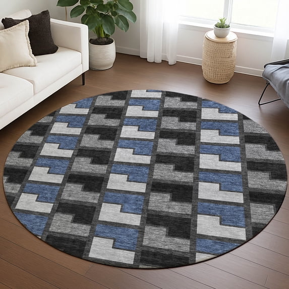 Addison Rugs Chantille Indoor/Outdoor Transitional Geometric Black Machine Washable Round Rug, 8' x 8'