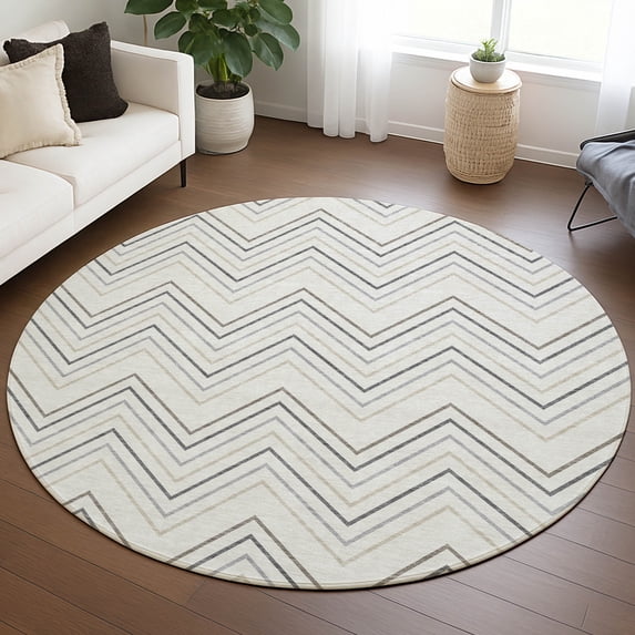 Addison Rugs Chantille Indoor/Outdoor Transitional Geometric Ivory Machine Washable Round Rug, 8' x 8'