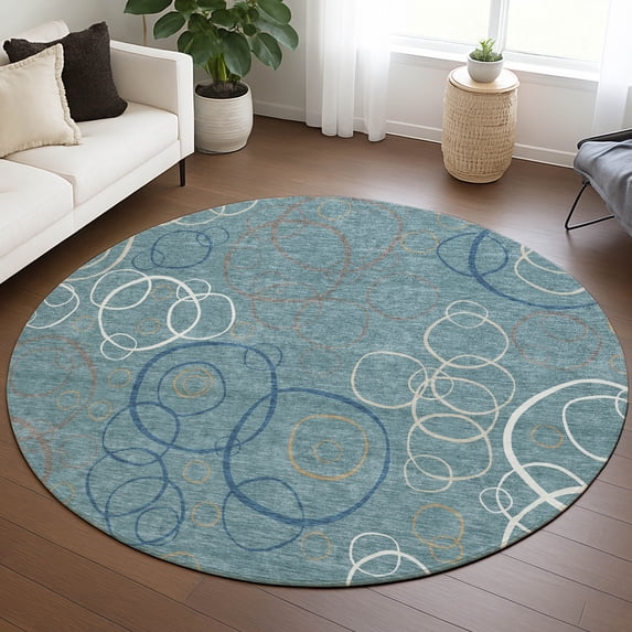 Addison Rugs Chantille Indoor/Outdoor Transitional Geometric Teal Machine Washable Round Rug, 8' x 8'