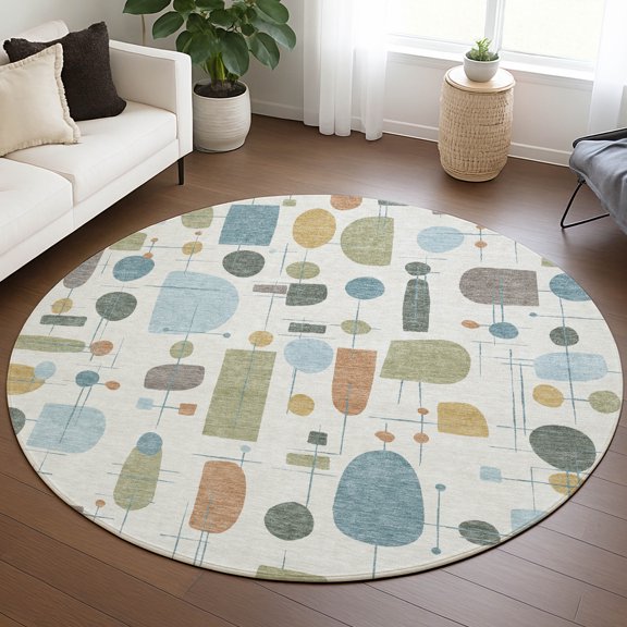 Addison Rugs Chantille Indoor/Outdoor Transitional Mid-century Modern Ivory Machine Washable Round Rug, 8' x 8'