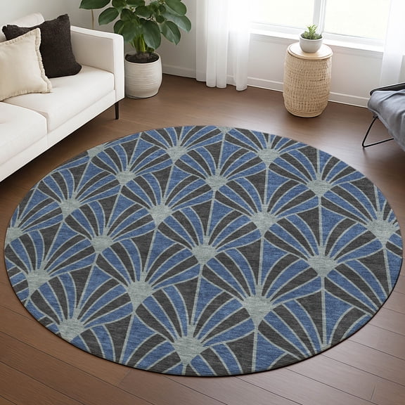 Addison Rugs Chantille Indoor/Outdoor Transitional Mid-century Modern Navy Machine Washable Round Rug, 8' x 8'
