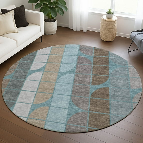 Addison Rugs Chantille Indoor/Outdoor Transitional Mid-century Modern Teal Machine Washable Round Rug, 8' x 8'