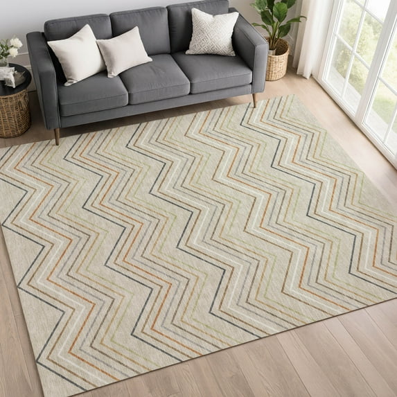 Addison Rugs Chantille Indoor/Outdoor Transitional Stripes Beige Machine Washable Rectangle Rug, 10' x 14'