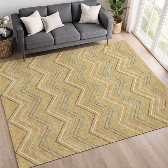 Addison Rugs Chantille Indoor/Outdoor Transitional Stripes Gold Machine Washable Rectangle Rug, 10' x 14'