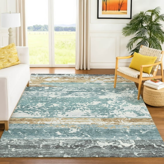 Addison Rugs Chantille Indoor/Outdoor Transitional Stripes Teal Machine Washable Rectangle Rug, 8' x 10'