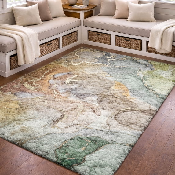 Addison Rugs Dream Shag Premium Machine Washable Contemporary Watercolors Beige Rectangle Rug, 10' x 14'