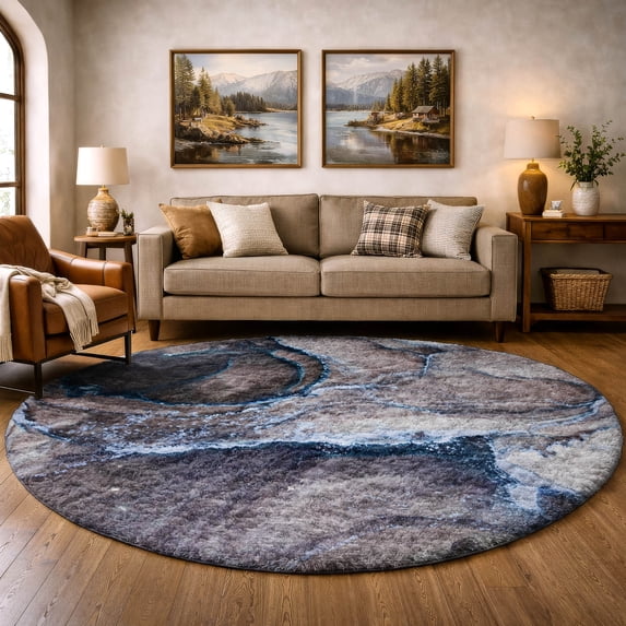 Addison Rugs Dream Shag Premium Machine Washable Contemporary Watercolors Navy Round Rug, 8' x 8'