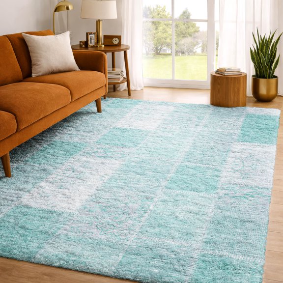 Addison Rugs Dream Shag Premium Machine Washable Traditional Patchwork Aqua Rectangle Rug, 3' x 5'