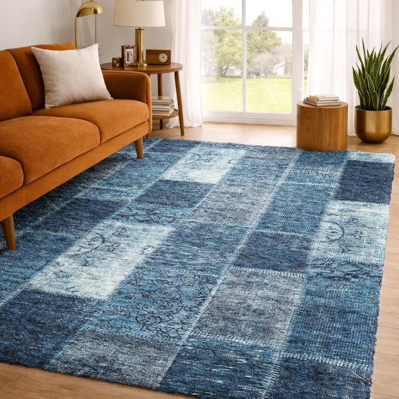 Addison Rugs Dream Shag Premium Machine Washable Traditional Patchwork Blue Rectangle Rug, 10' x 14'