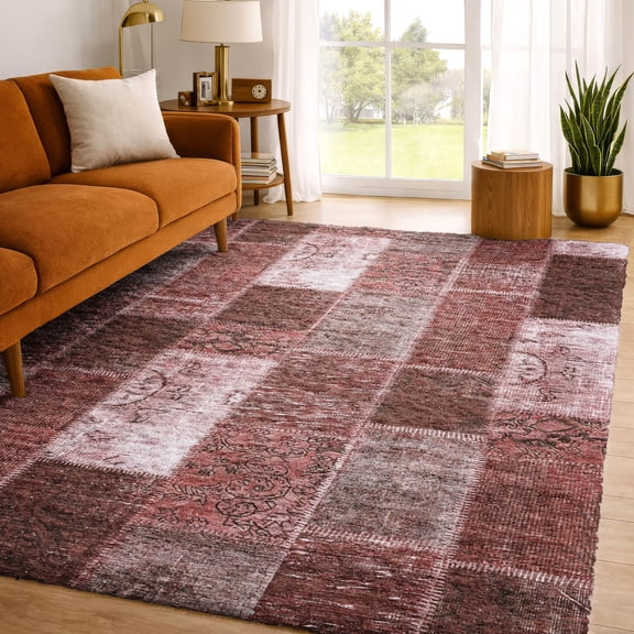 Addison Rugs Dream Shag Premium Machine Washable Traditional Patchwork Burgundy Rectangle Rug, 9' x 12'