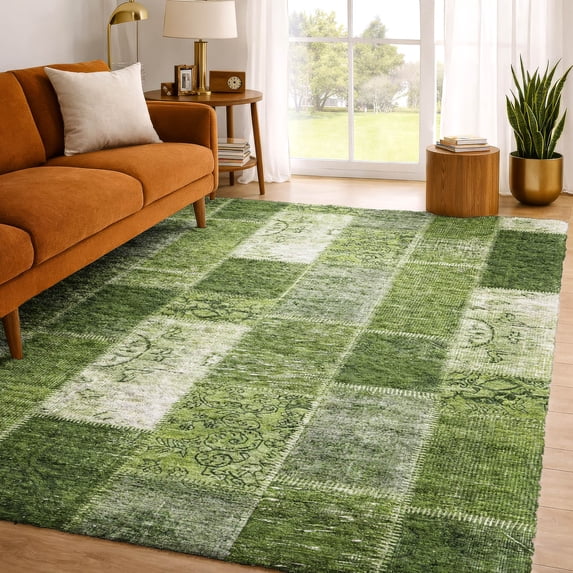 Addison Rugs Dream Shag Premium Machine Washable Traditional Patchwork Olive Rectangle Rug, 8' x 10'