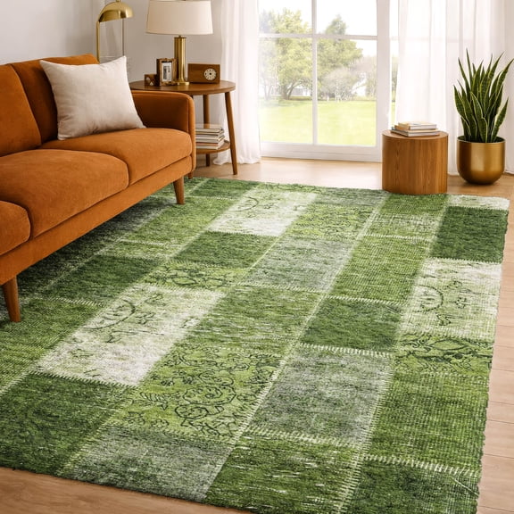 Addison Rugs Dream Shag Premium Machine Washable Traditional Patchwork Olive Rectangle Rug, 9' x 12'