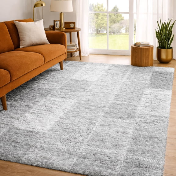 Addison Rugs Dream Shag Premium Machine Washable Traditional Patchwork Silver Rectangle Rug, 9' x 12'