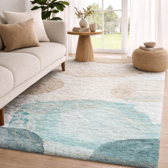 Addison Rugs Dream Shag Premium Machine Washable Transitional Circles Beige Rectangle Rug, 10' x 14'