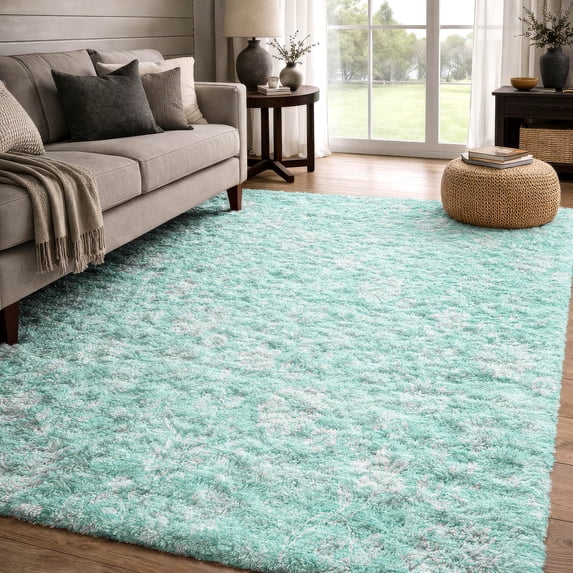 Addison Rugs Dream Shag Premium Machine Washable Transitional Floral Aqua Rectangle Rug, 10' x 14'