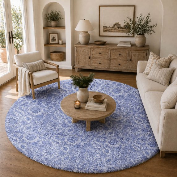 Addison Rugs Dream Shag Premium Machine Washable Transitional Floral Denim Round Rug, 8' x 8'