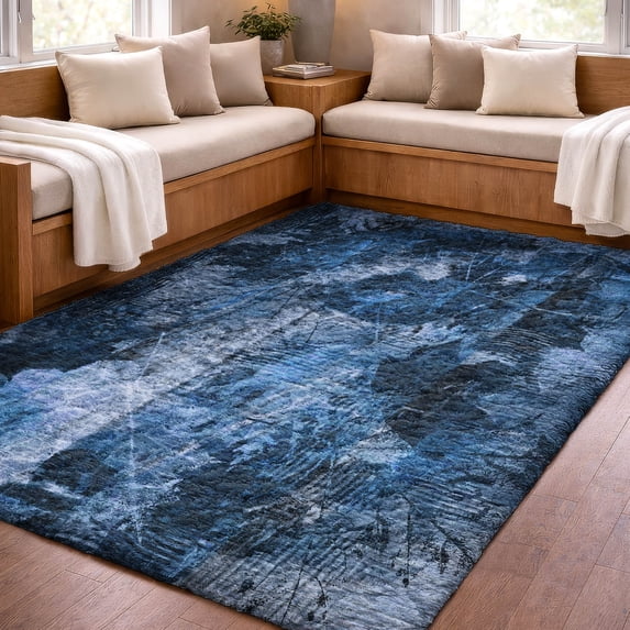 Addison Rugs Dream Shag Premium Machine Washable Transitional Floral Navy Rectangle Rug, 9' x 12'