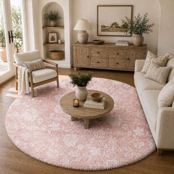 Addison Rugs Dream Shag Premium Machine Washable Transitional Floral Pink Round Rug, 8' x 8'