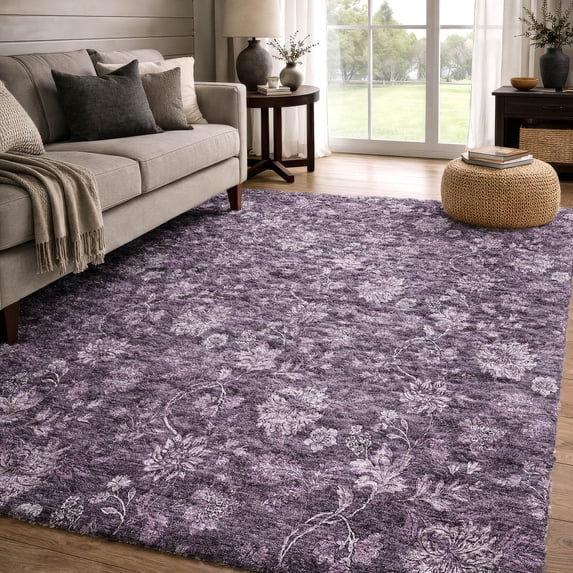 Addison Rugs Dream Shag Premium Machine Washable Transitional Floral Plum Rectangle Rug, 9' x 12'