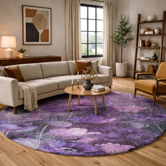 Addison Rugs Dream Shag Premium Machine Washable Transitional Floral Purple Round Rug, 8' x 8'
