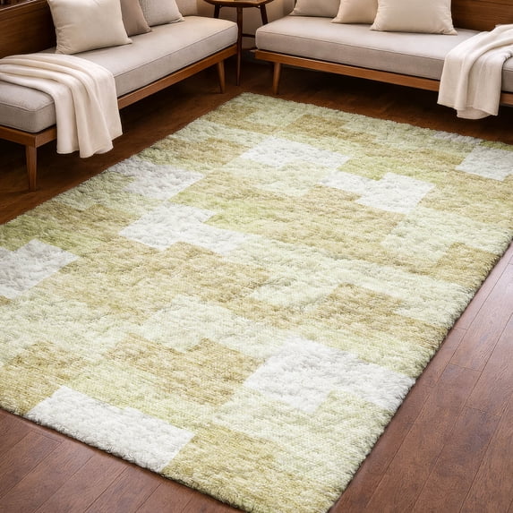 Addison Rugs Dream Shag Premium Machine Washable Transitional Geometric Beige Rectangle Rug, 10' x 14'
