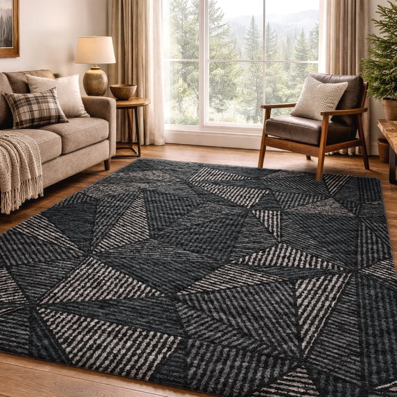 Addison Rugs Dream Shag Premium Machine Washable Transitional Geometric Black Rectangle Rug, 10' x 14'