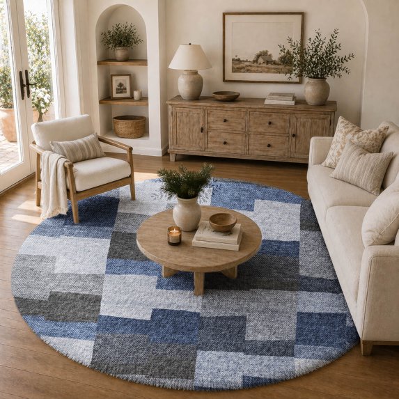Addison Rugs Dream Shag Premium Machine Washable Transitional Geometric Blue Round Rug, 8' x 8'