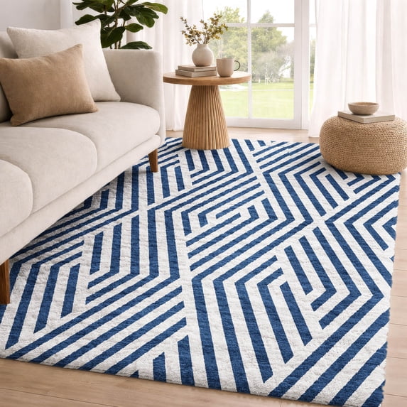 Addison Rugs Dream Shag Premium Machine Washable Transitional Geometric Navy Rectangle Rug, 8' x 10'