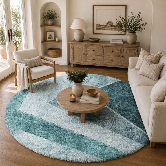 Addison Rugs Dream Shag Premium Machine Washable Transitional Geometric Teal Round Rug, 8' x 8'