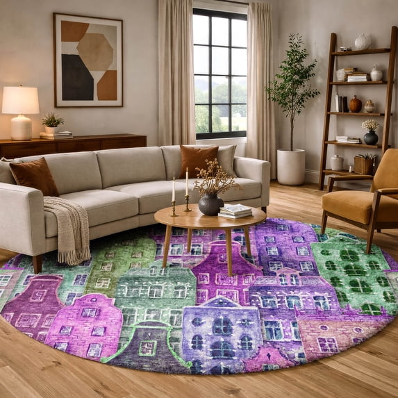 Addison Rugs Dream Shag Premium Machine Washable Transitional Novelty Purple Round Rug, 8' x 8'