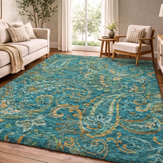 Addison Rugs Dream Shag Premium Machine Washable Transitional Paisley Teal Rectangle Rug, 9' x 12'