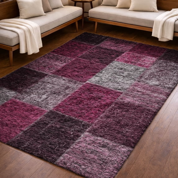 Addison Rugs Dream Shag Premium Machine Washable Transitional Patchwork Merlot Rectangle Rug, 5' x 7'6"