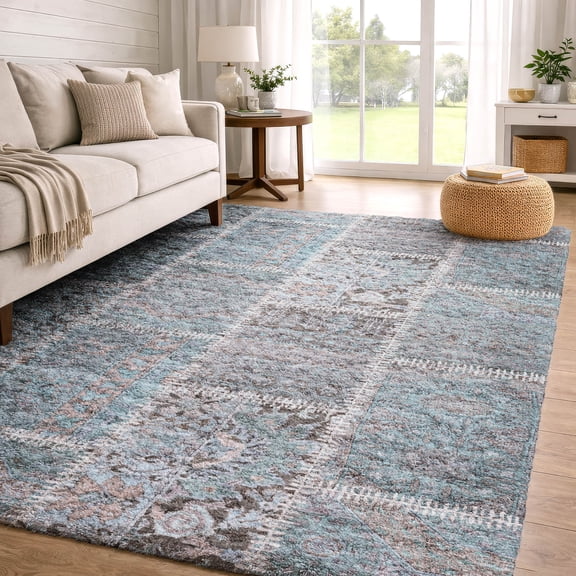 Addison Rugs Dream Shag Premium Machine Washable Transitional Patchwork Teal Rectangle Rug, 10' x 14'