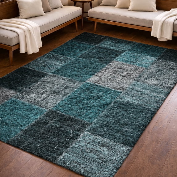Addison Rugs Dream Shag Premium Machine Washable Transitional Patchwork Teal Rectangle Rug, 9' x 12'