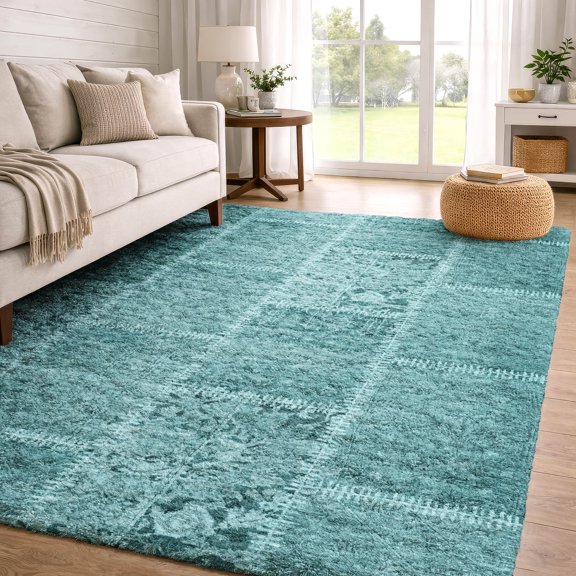 Addison Rugs Dream Shag Premium Machine Washable Transitional Patchwork Turquoise Rectangle Rug, 10' x 14'