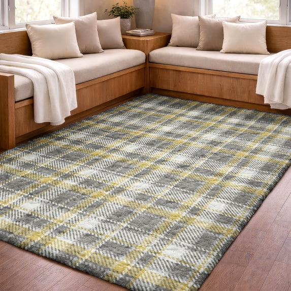 Addison Rugs Dream Shag Premium Machine Washable Transitional Plaid Gray Rectangle Rug, 8' x 10'