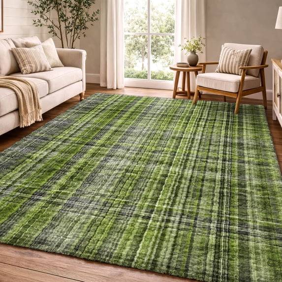 Addison Rugs Dream Shag Premium Machine Washable Transitional Plaid Green Rectangle Rug, 10' x 14'