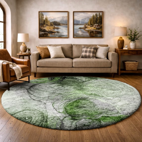 Addison Rugs Dream Shag Premium Machine Washable Transitional Soft Puddle Shapes Olive Round Rug, 8' x 8'