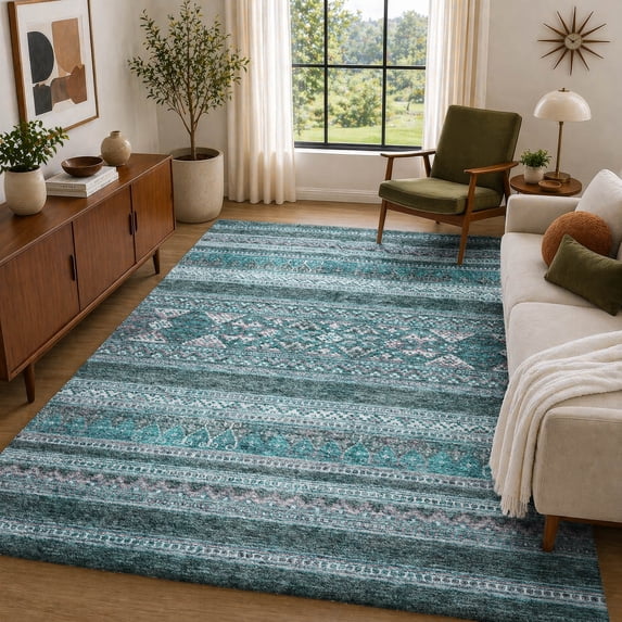 Addison Rugs Dream Shag Premium Machine Washable Transitional Southwest Teal Rectangle Rug, 10' x 14'