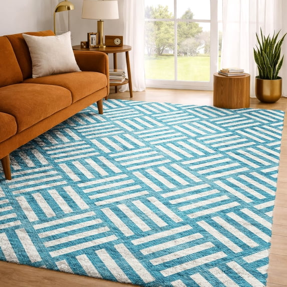 Addison Rugs Dream Shag Premium Machine Washable Transitional Squares Teal Rectangle Rug, 10' x 14'
